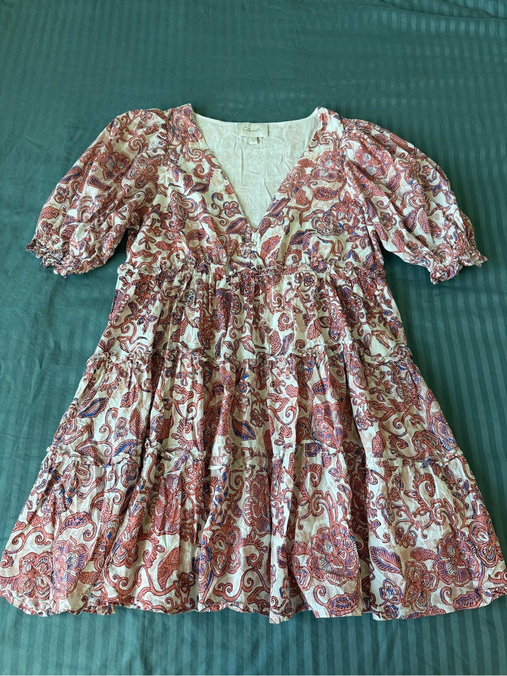 Cleobella Organic Cotton Floral Puff Sleeve Tiered Boho Mini Dress Size M
